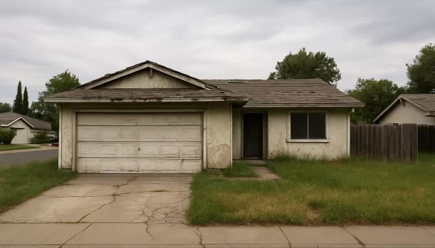 Distressed home exterior in Antelope, CA — Matt Buys Homes cash buyer — home buyers antelope no fees no commission