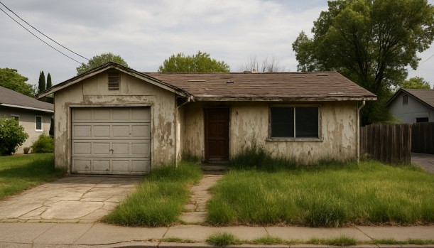 Distressed home exterior in Folsom, CA — Matt Buys Homes cash buyer — house buying company folsom CA