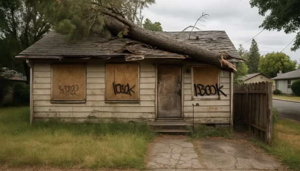 Distressed home exterior in Nevada City, CA — Matt Buys Homes cash buyer — sell house unpermitted work nevada city CA