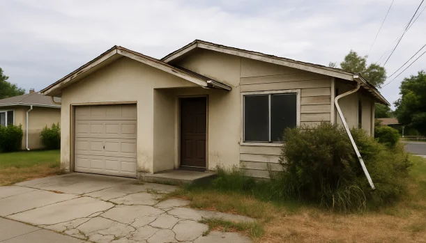 Distressed home exterior in Dublin, CA — Matt Buys Homes cash buyer — sell house with mold dublin CA