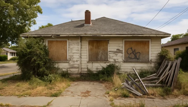 Distressed home exterior in Redwood City, CA — Matt Buys Homes cash buyer — sell abandoned property redwood city CA