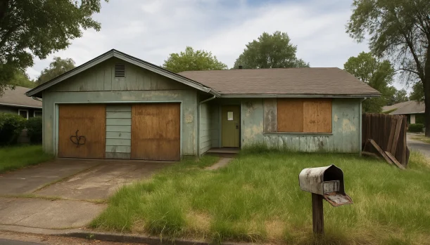 Distressed home exterior in Cameron Park, CA — Matt Buys Homes cash buyer — behind on mortgage payments cameron park