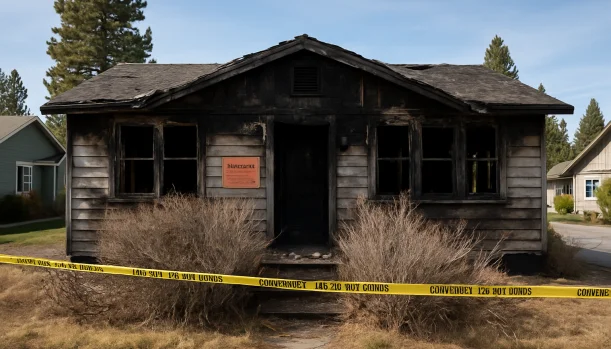 Distressed home exterior in Truckee, CA — Matt Buys Homes cash buyer — sell fire damaged house truckee